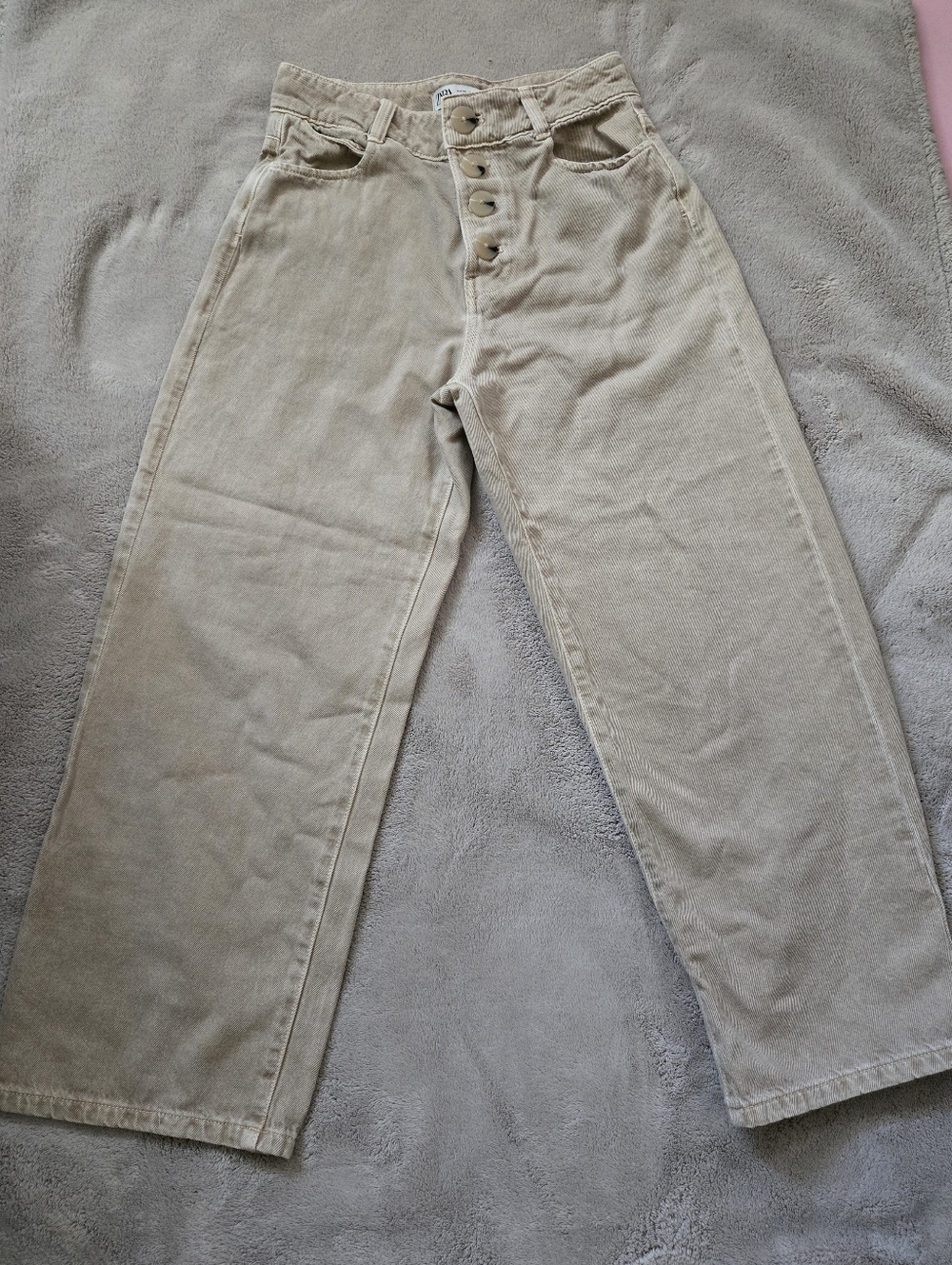 Zara Button-Fly Wide Leg Jeans - Beige